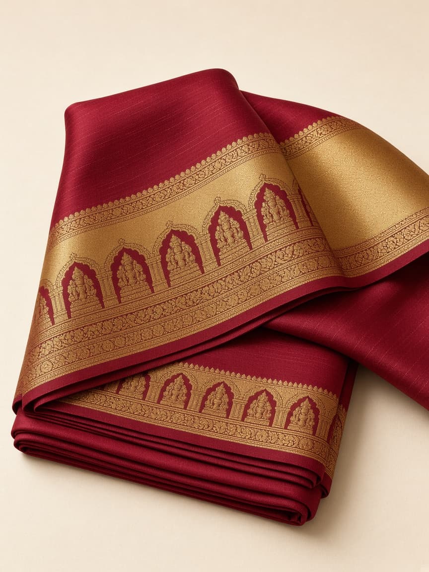 Elampillai soft silk saree crimson and gold